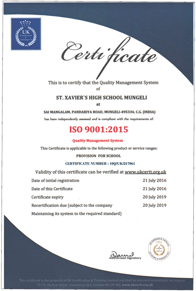 ISO Certification – St. Xavier's Sr. Sec. School, Mungeli